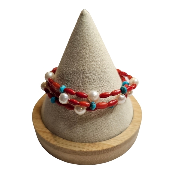 American West Red Coral Bead, Turquoise, and Pearl 3 Strand Bracelet - Picture 4 of 7